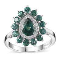 Indian Ocean Apatite, Moissanite Floral Ring in Platinum Over Sterling Silver (Size 10.0) 1.90 ctw