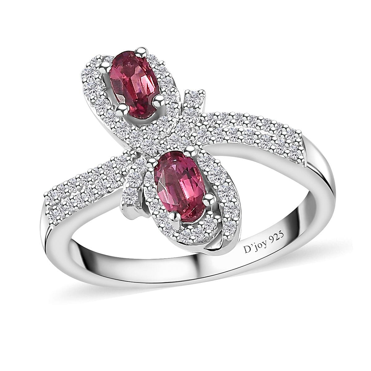 Ofiki Rubellite and White Zircon Bypass Ring in Platinum Over Sterling Silver (Size 10.0) 1.00 ctw (Del. in 8-10 Days)