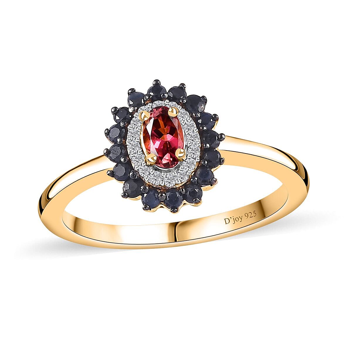 Ofiki Rubellite and Multi Gemstone Double Halo Ring in Vermeil Yellow Gold Over Sterling Silver (Size 10.0) 0.65 ctw (Del. in 8-10 Days)