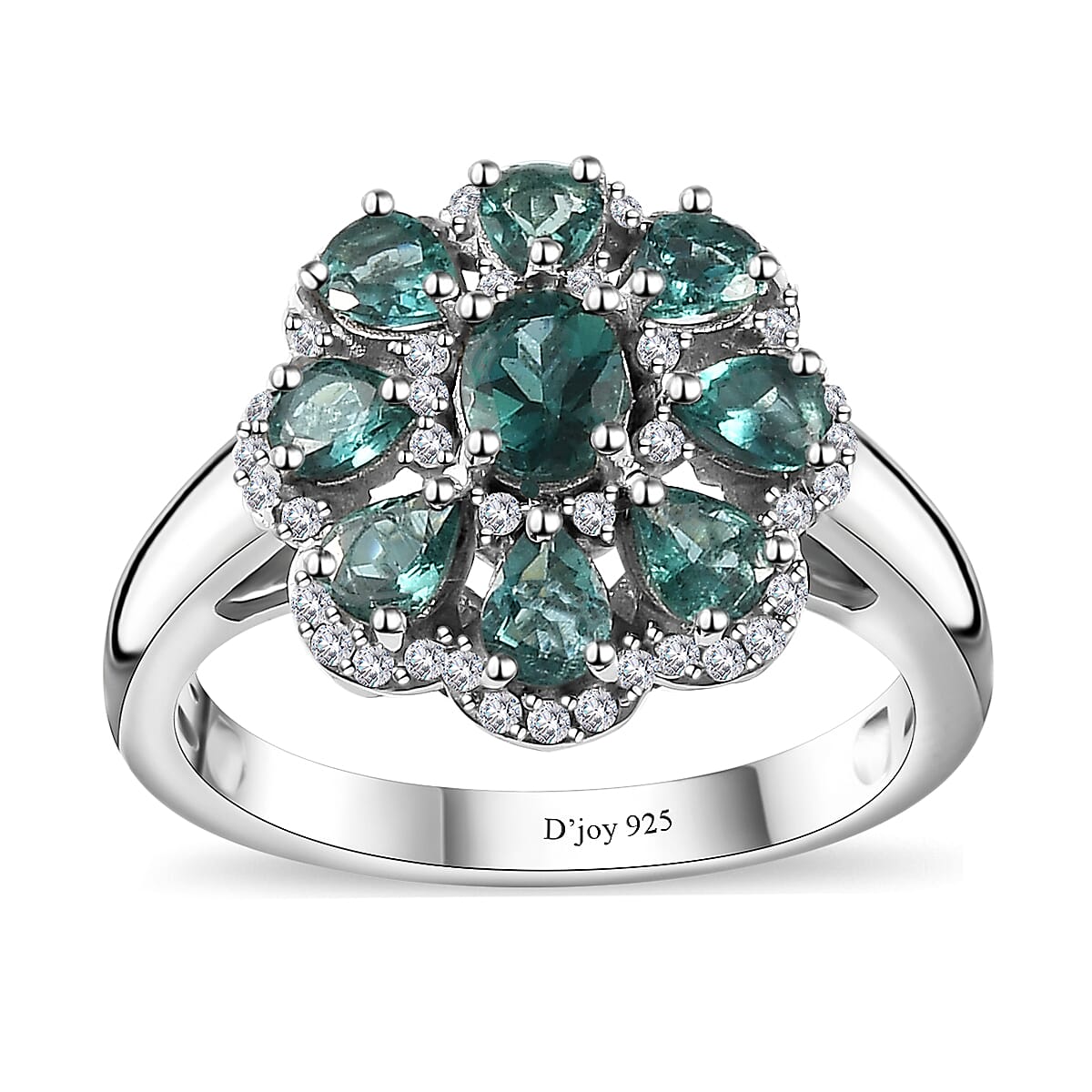 Ocean Blue Apatite, Moissanite Ring in Platinum Over Sterling Silver (Size 8.0) 1.90 ctw