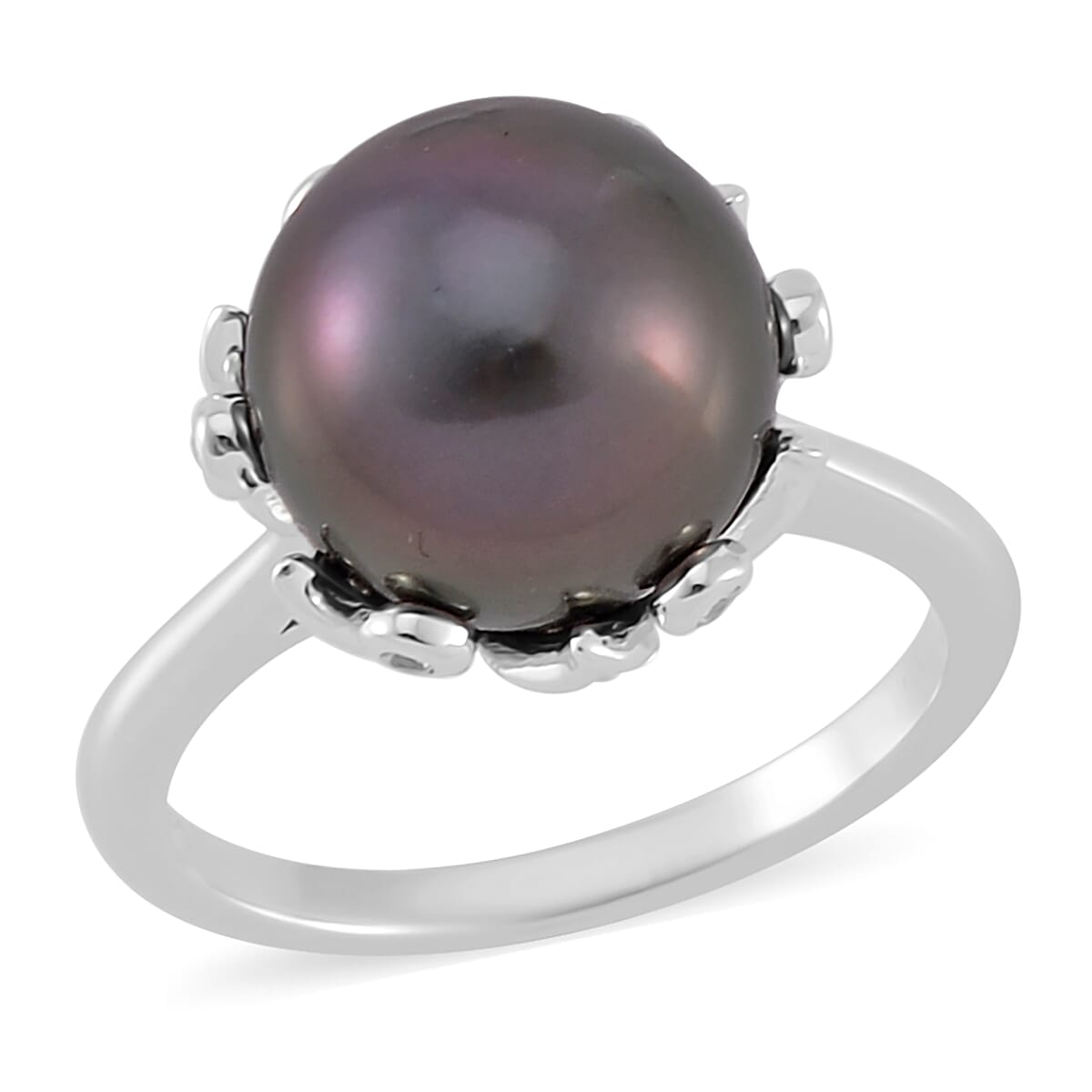 One Time Only Tahitian Cultured Pearl 11-12mm, White Zircon Ring in Rhodium Over Sterling Silver (Size 10.0) 0.40 ctw