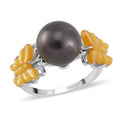 Tahitian Cultured Pearl and Yellow Mother Of Pearl Butterfly Ring in Rhodium Over Sterling Silver (Size 10.0) - Sticky add to cart bar