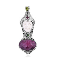 Sajen Silver Carved Bone and Multi Gemstone Pendant in Sterling Silver 27.50 ctw