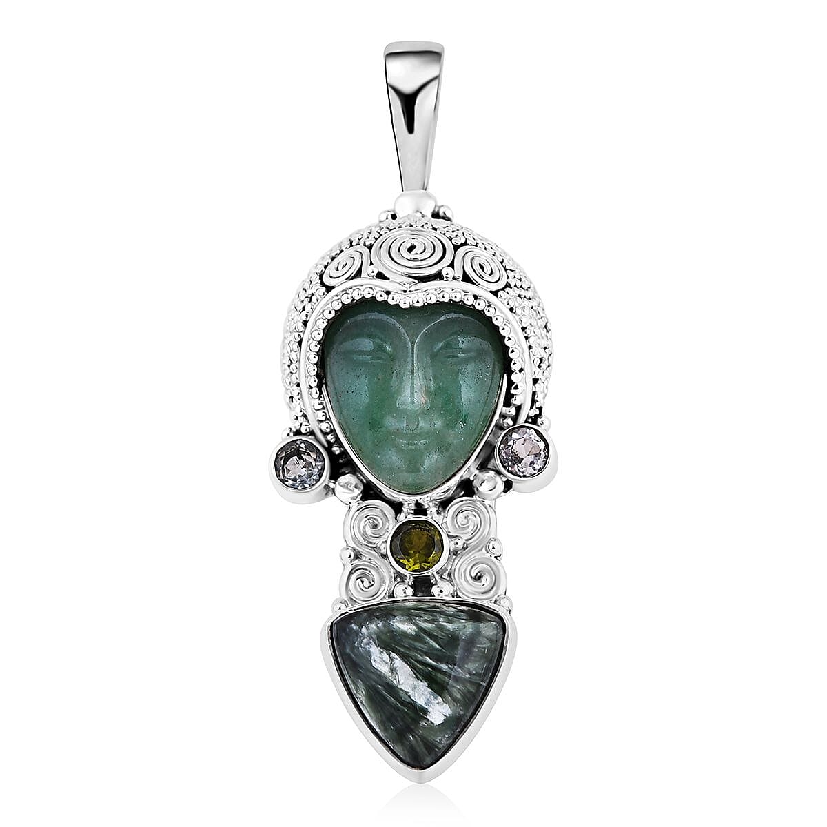 Sajen Silver Green Aventurine and Multi Gemstone Pendant in Sterling Silver 14.60 ctw