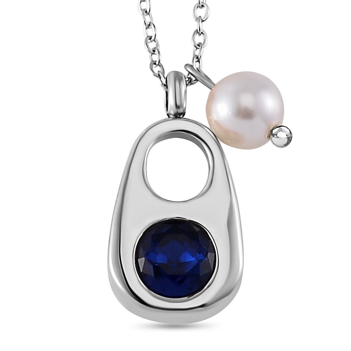 Blue Austrian Crystal and White Shell Pearl Necklace in Stainless Steel (20 Inches)