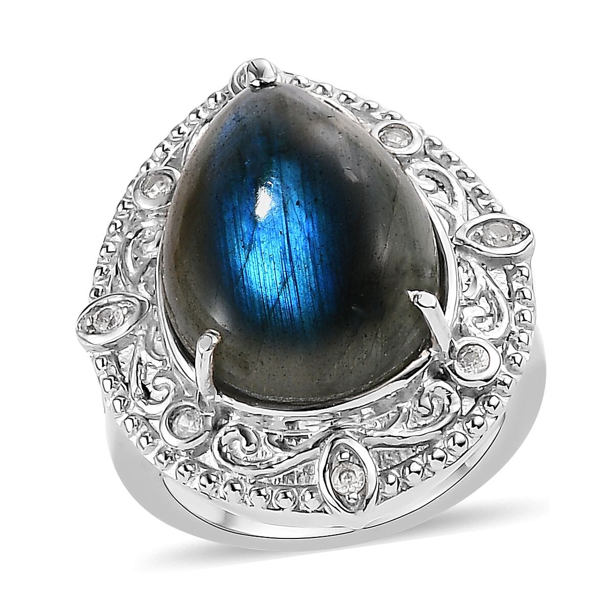 Malagasy Labradorite, White Zircon Ring in Stainless Steel (Size 5.0) 11.80 ctw