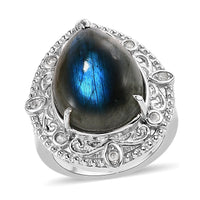 Malagasy Labradorite, White Zircon Ring in Stainless Steel (Size 5.0) 11.80 ctw
