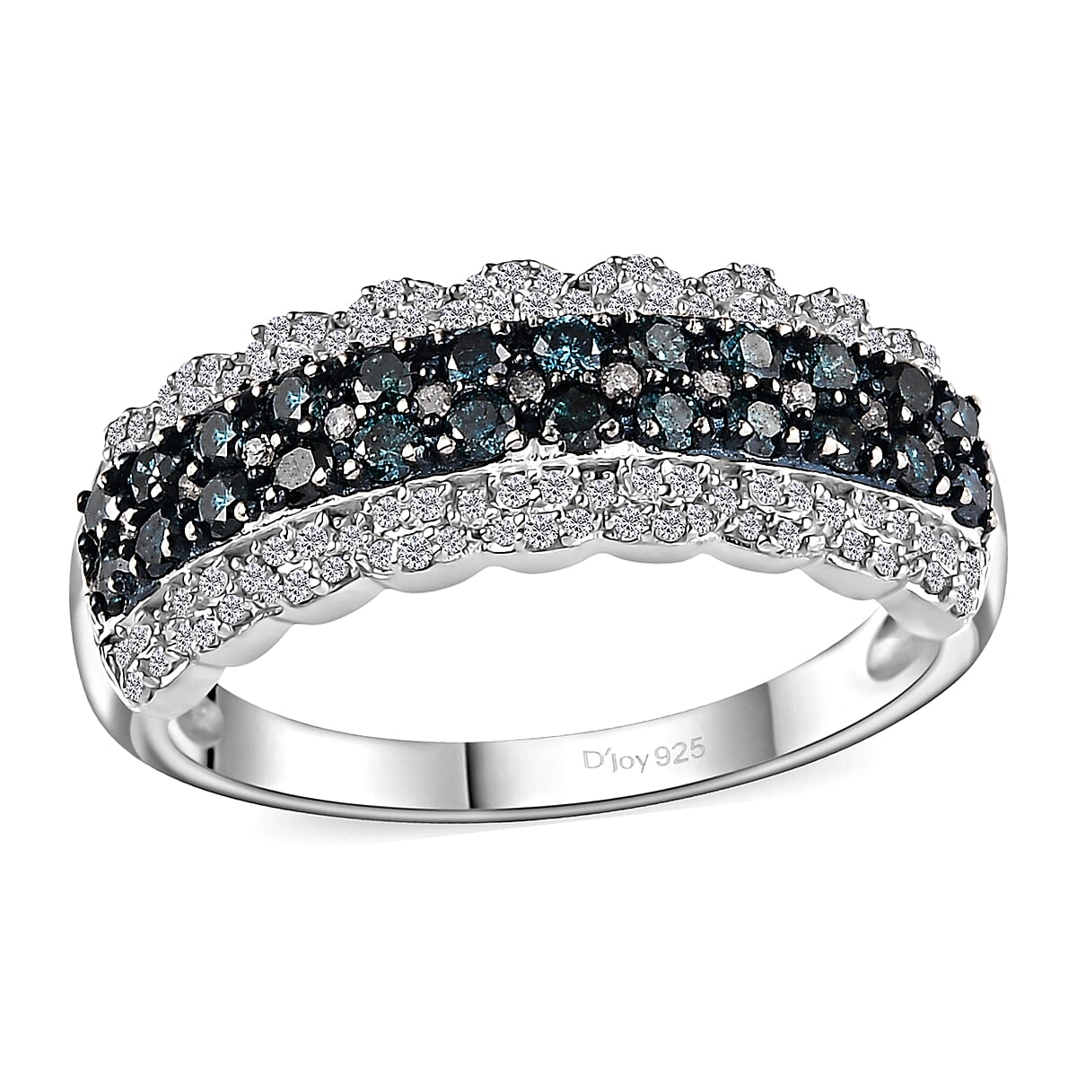 Blue and White Diamond Ring in Platinum Over Sterling Silver 1.00 ctw