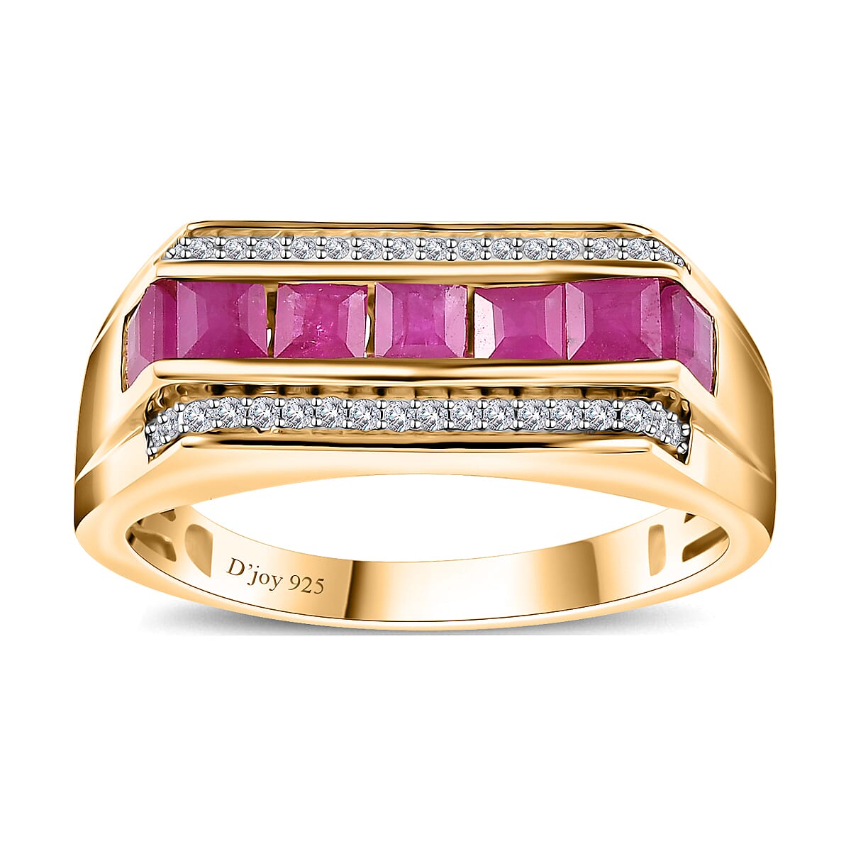 Premium Taveta Ruby, White Zircon Men's Ring in Vermeil YG Over Sterling Silver (Size 11.0) 1.85 ctw