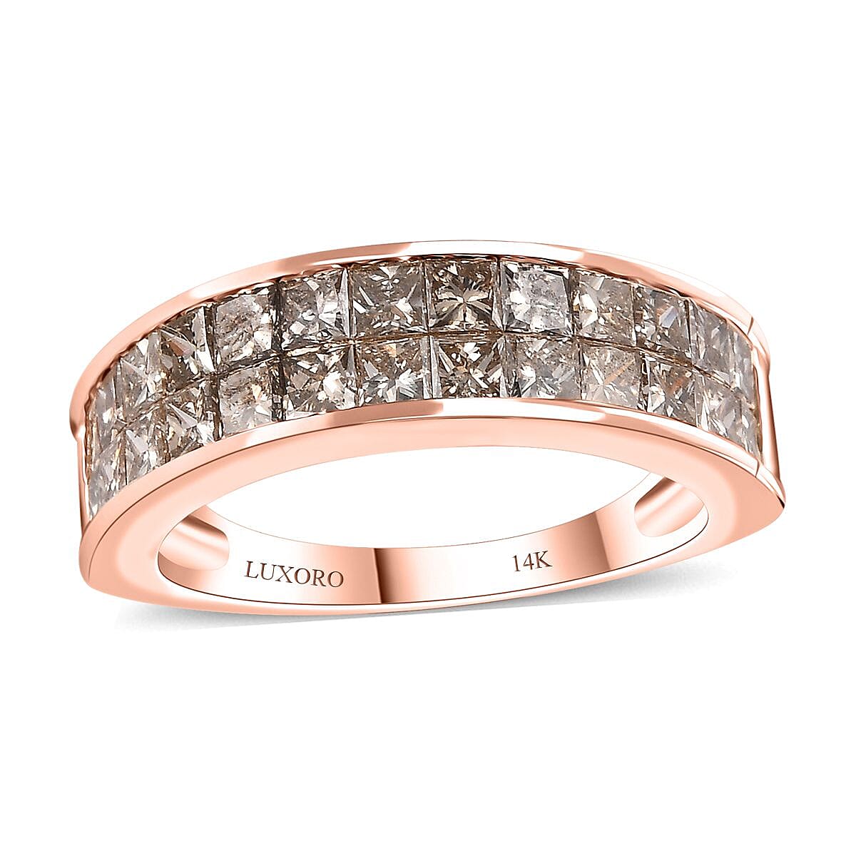 Luxoro 14K Rose Gold Natural Champagne Diamond (I1-I2) Double Row Half Eternity Band Ring (Size 10.0) 2.00 ctw