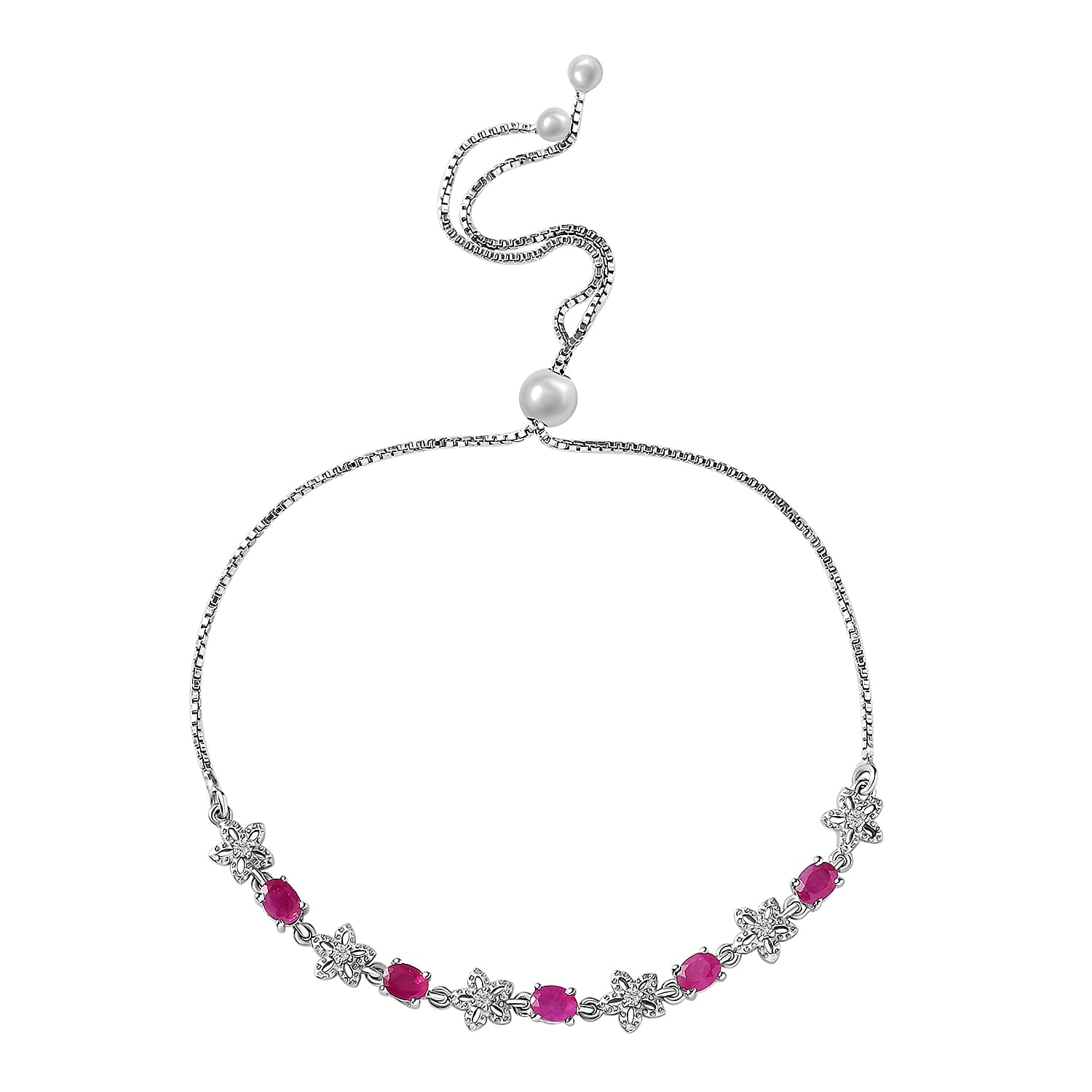 D'Joy Premium Royal Ruby and White Zircon Bolo Bracelet in Platinum Over Sterling Silver 1.50 ctw