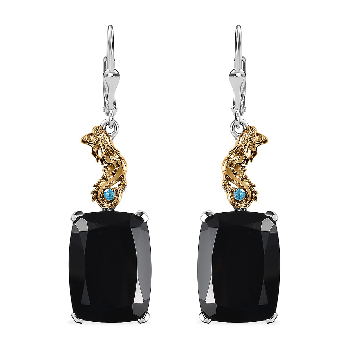 Thai Black Spinel and Malgache Neon Apatite Dragon Lever Back Earrings in Vermeil Yellow Gold and Rhodium Over Sterling Silver 45.40 ctw