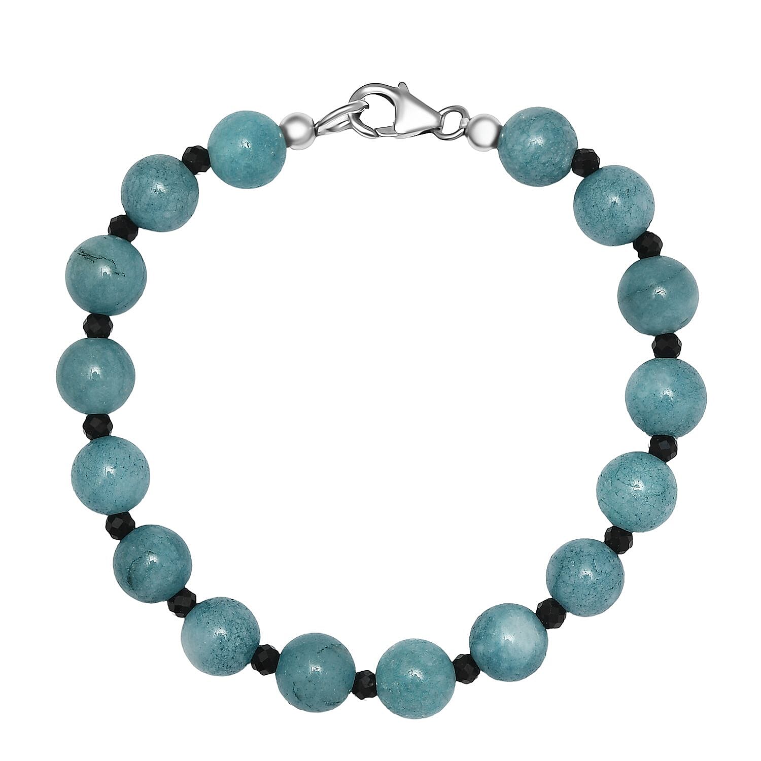Aquamarine and Thai Black Spinel 63.00 ctw Beaded Bracelet in Rhodium Over Sterling Silver (7.25 In)
