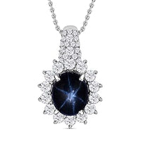 Blue Star Sapphire (DF) and Moissanite 7.54 ctw Pendant in Rhodium Over Sterling Silver