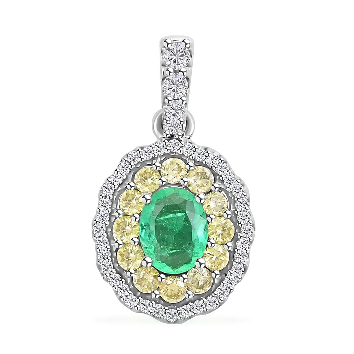 Luxoro 14K White Gold AAA Boyaca Colombian Emerald, I2 Natural Yellow and White Diamond Double Halo Pendant 1.00 ctw