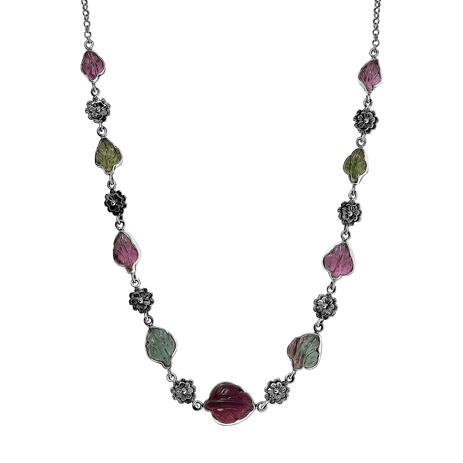 Indian Artistry Multi-Tourmaline Carved 23.15 ctw Leaf and Floral Necklace in Sterling Silver 18-20 Inches