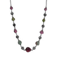 Indian Artistry Multi-Tourmaline Carved 23.15 ctw Leaf and Floral Necklace in Sterling Silver 18-20 Inches