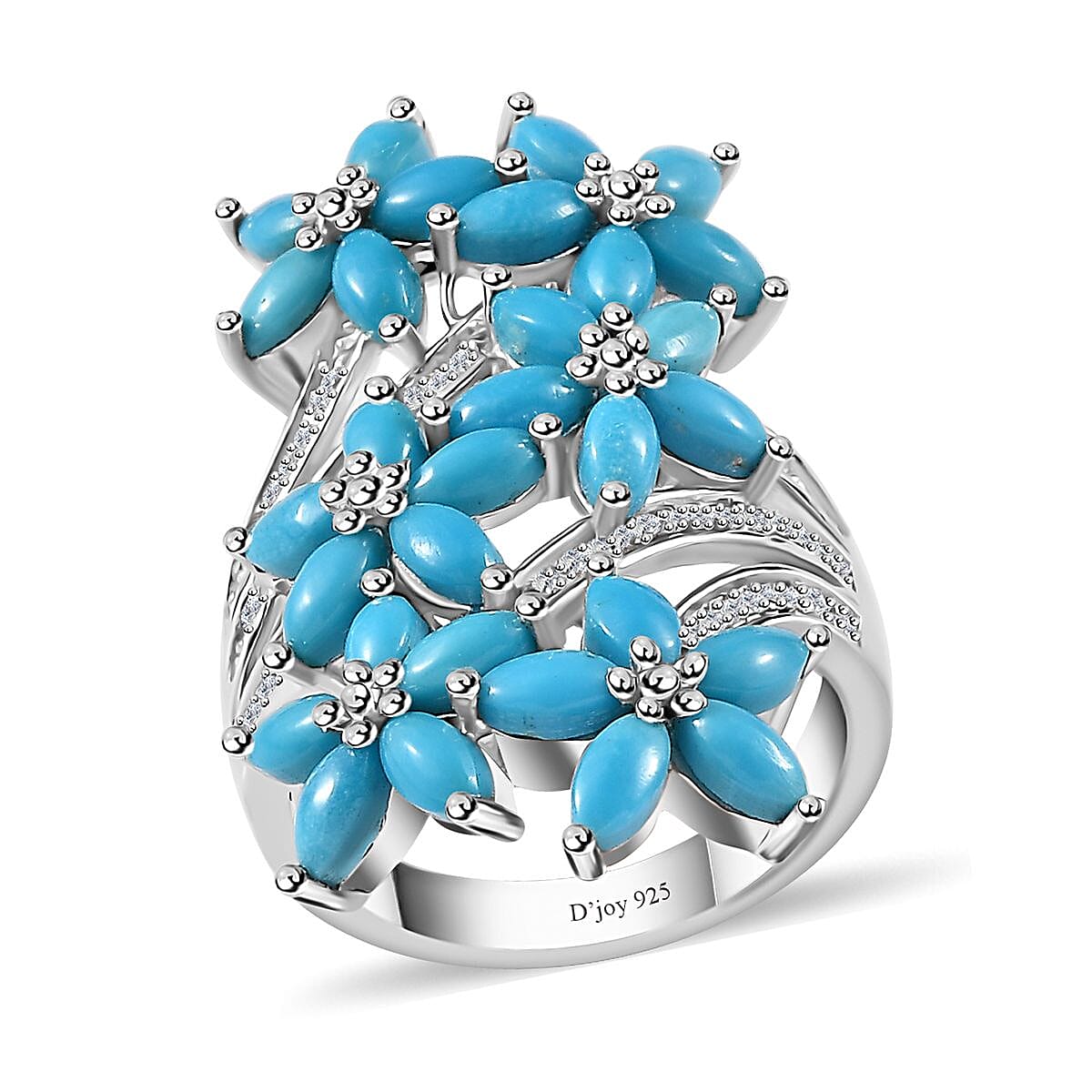 Sleeping Beauty Turquoise, White Zircon Floral Ring in Rhodium Over Sterling Silver (Size 10.0) 4.90 ctw