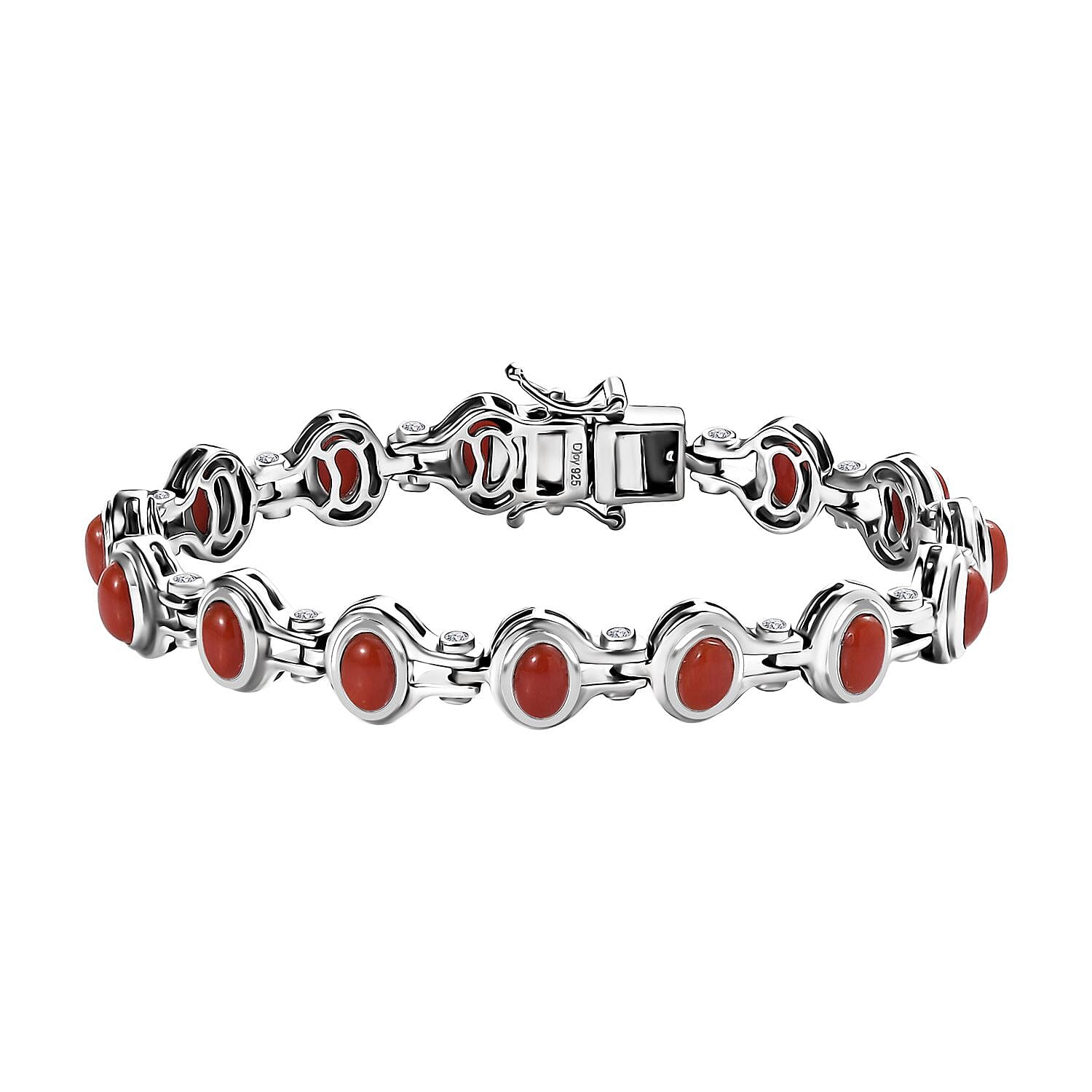 Mediterranean Coral, White Zircon Bracelet in Platinum Over Sterling Silver (6.50 In) 9.60 ctw