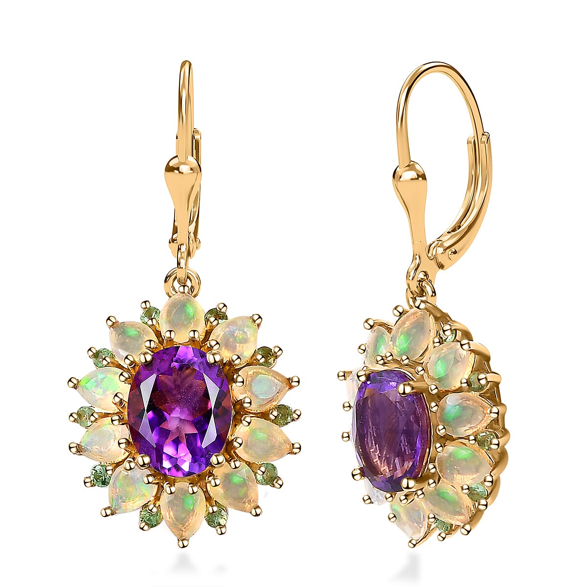 AAA Moroccan Amethyst and Multi Gemstone Floral Lever Back Earrings in 18K Vermeil Yellow Gold Over Sterling Silver 6.00 ctw