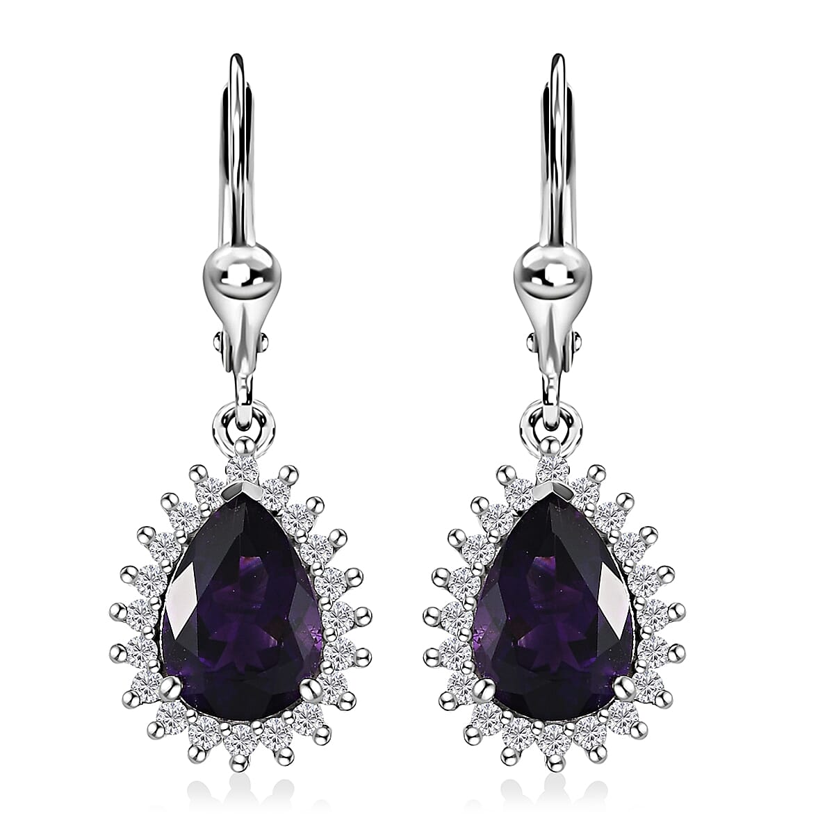 Premium Moroccan Amethyst, White Zircon Lever Back Earrings in Rhodium Over Sterling Silver 4.35 ctw