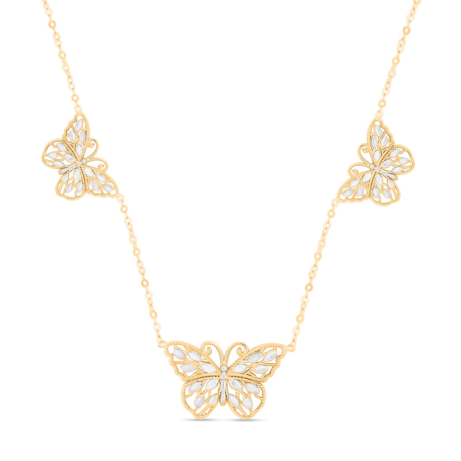 Italian 10K Yellow and White Gold Butterfly Station Necklace 18-20 Inches 2 Grams