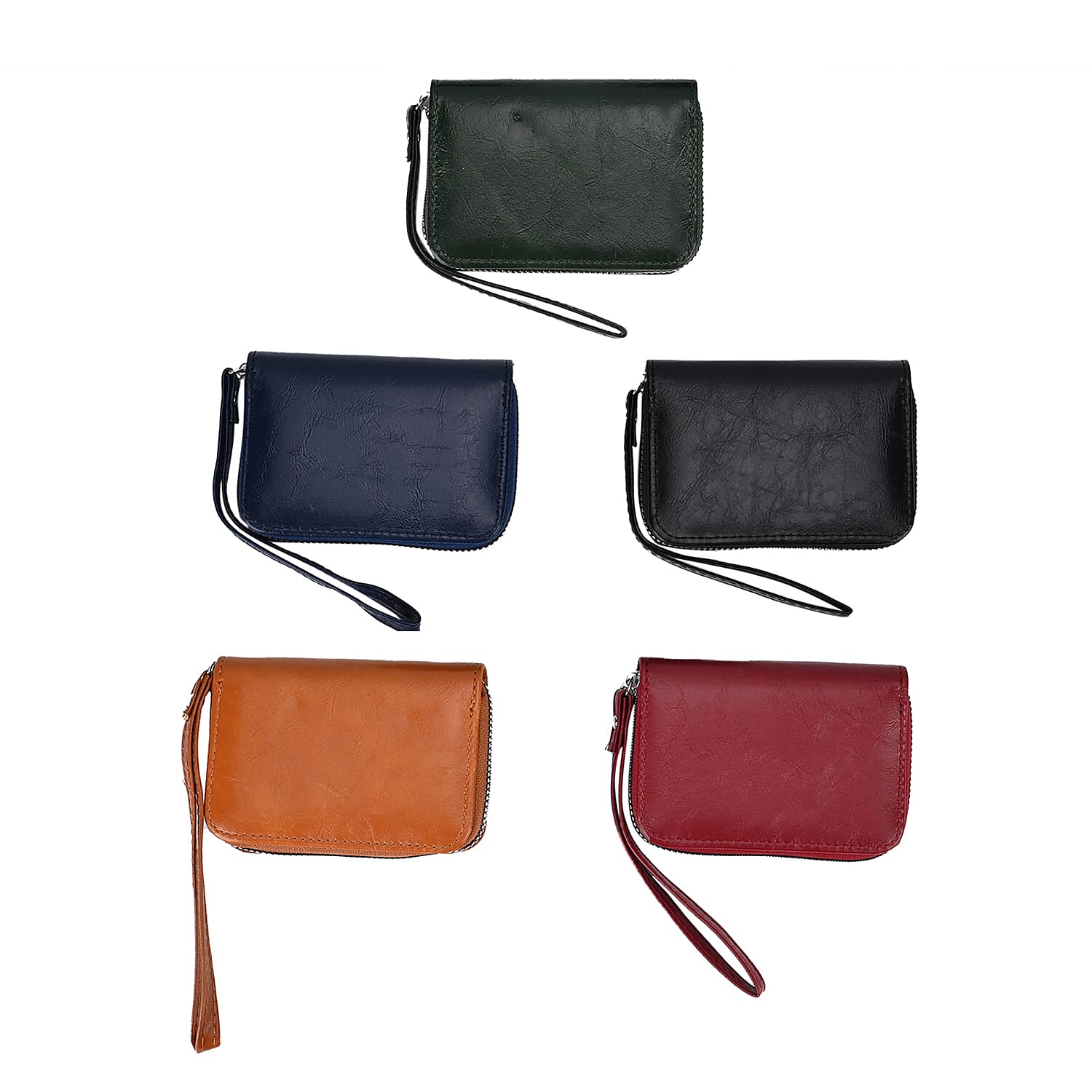 Black, Brown, Red, Navy and Green Faux Leather Set of 5 Card Holder (3.9"x1.4"x2.9") with Wrist Strap