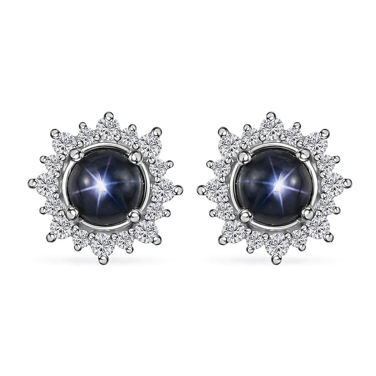 D'Joy Blue Star Sapphire (DF) and White Zircon Sunburst Stud Earrings in Platinum Over Sterling Silver 2.30 ctw
