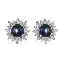 D'Joy Blue Star Sapphire (DF) and White Zircon Sunburst Stud Earrings in Platinum Over Sterling Silver 2.30 ctw