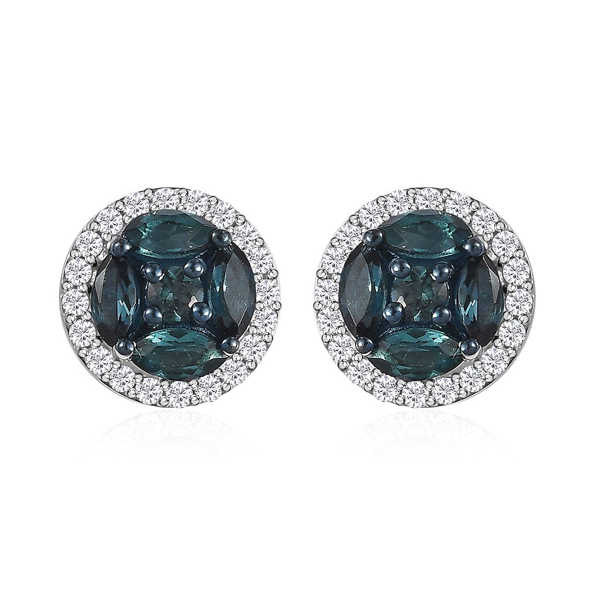 AAA Monte Belo Indicolite and Moissanite Stud Earrings in Rhodium Over Sterling Silver 1.15 ctw