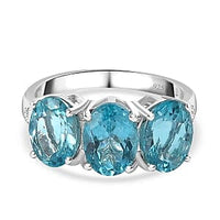 Paraiba Apatite and Diamond 3.76 ctw 3 Stone Ring in Rhodium Over Sterling Silver (Size 10)