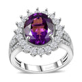 Premium Uruguayan Amethyst, Moissanite Sunburst Ring in Platinum Over Sterling Silver (Size 10.0) 4.00 ctw - Sticky add to cart bar