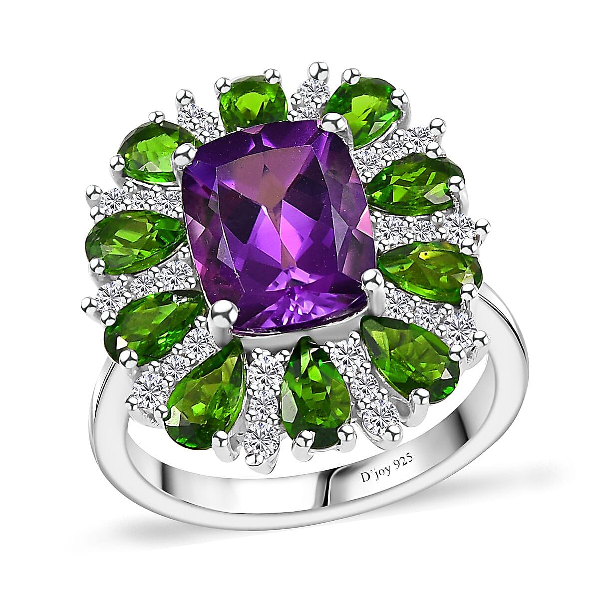 Premium Uruguayan Amethyst, Multi Gemstone Ring in Platinum Over Sterling Silver (Size 10.0) 5.40 ctw