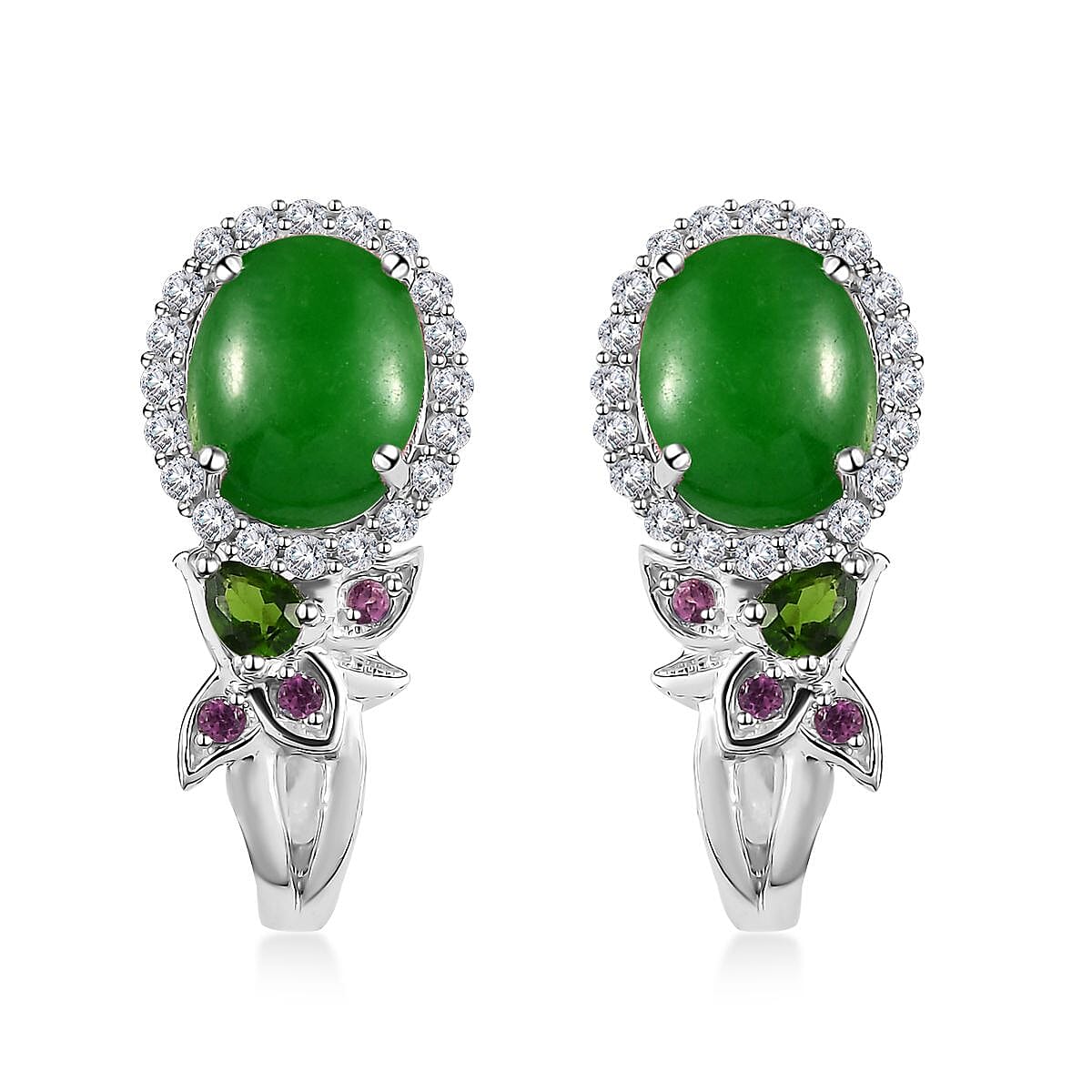 Doorbuster TLV Green Jade, Multi Gemstone Stud Earrings in Rhodium Over Sterling Silver 9.00 ctw