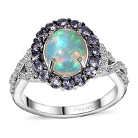 Premium Ethiopian Welo Opal, Multi Gemstone Halo Ring in Platinum Over Sterling Silver (Size 10.0) 2.15 ctw