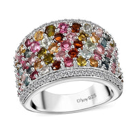Multi-Tourmaline, White Zircon Ring in Rhodium Over Sterling Silver (Size 10.0) 4.20 ctw