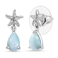 D'Joy Premium Larimar and White Zircon 2.00 ctw Starfish Earrings in Rhodium Over Sterling Silver