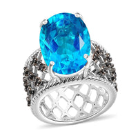 Capri Blue Quartz, Thai Black Spinel Ring in Platinum Over Sterling Silver (Size 10.0) 11.15 ctw