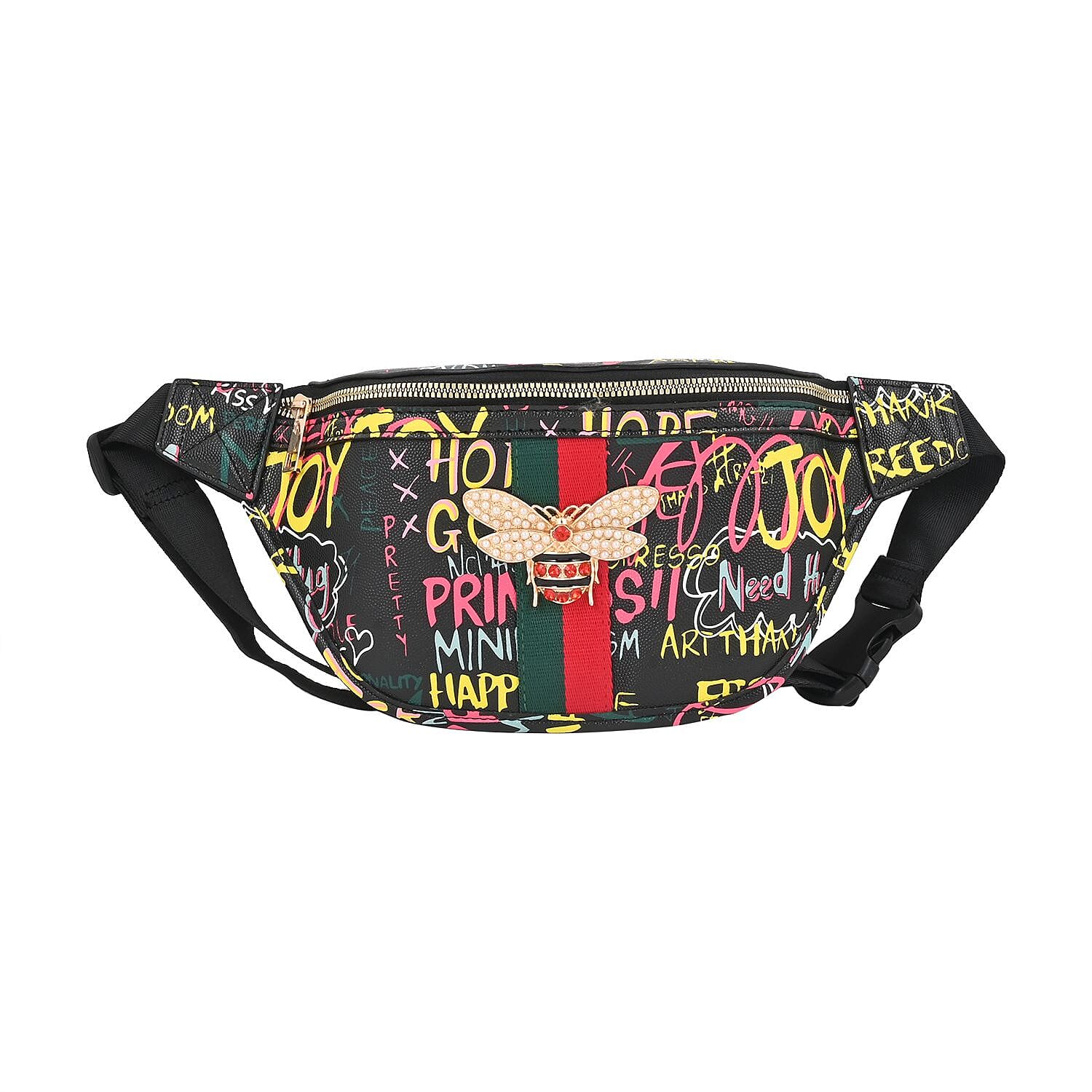 TLV Black & Multi Color Vegan Leather Graffiti Belt Bag (13"x6"x2.75")