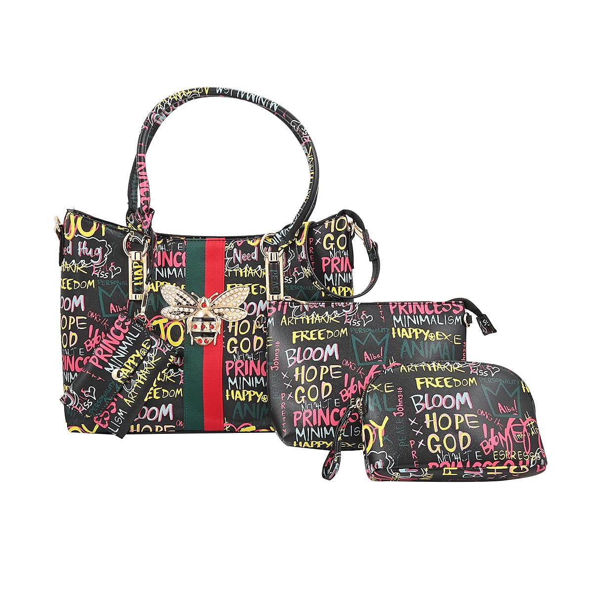 TLV 4pc Black & Multi Color Vegan Leather Tote Bag, Clutch, Cosmetic Bag and Coin Purse (14.5"x10"x5")