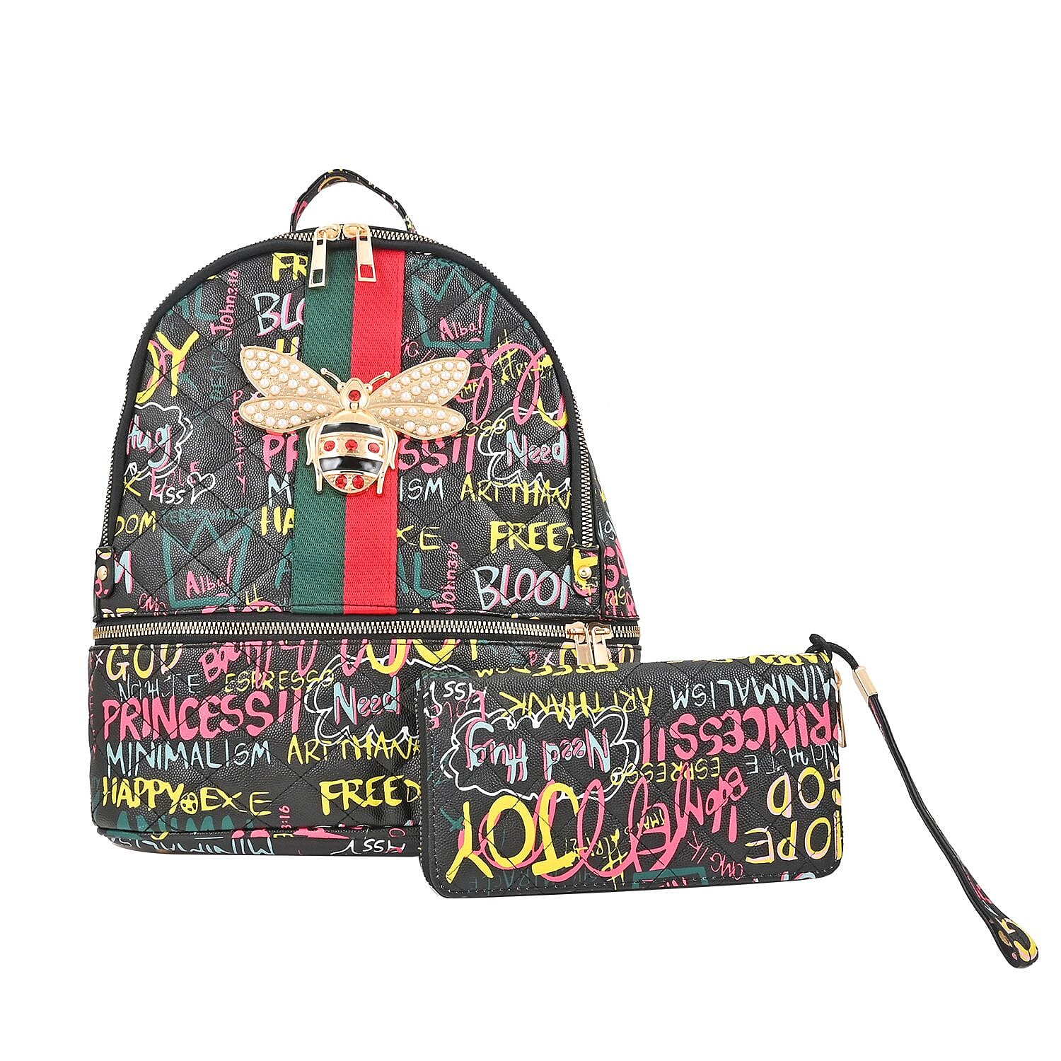 2pc Multi Color Backpack with Wristlet Wallet (8.5x10x4.5")
