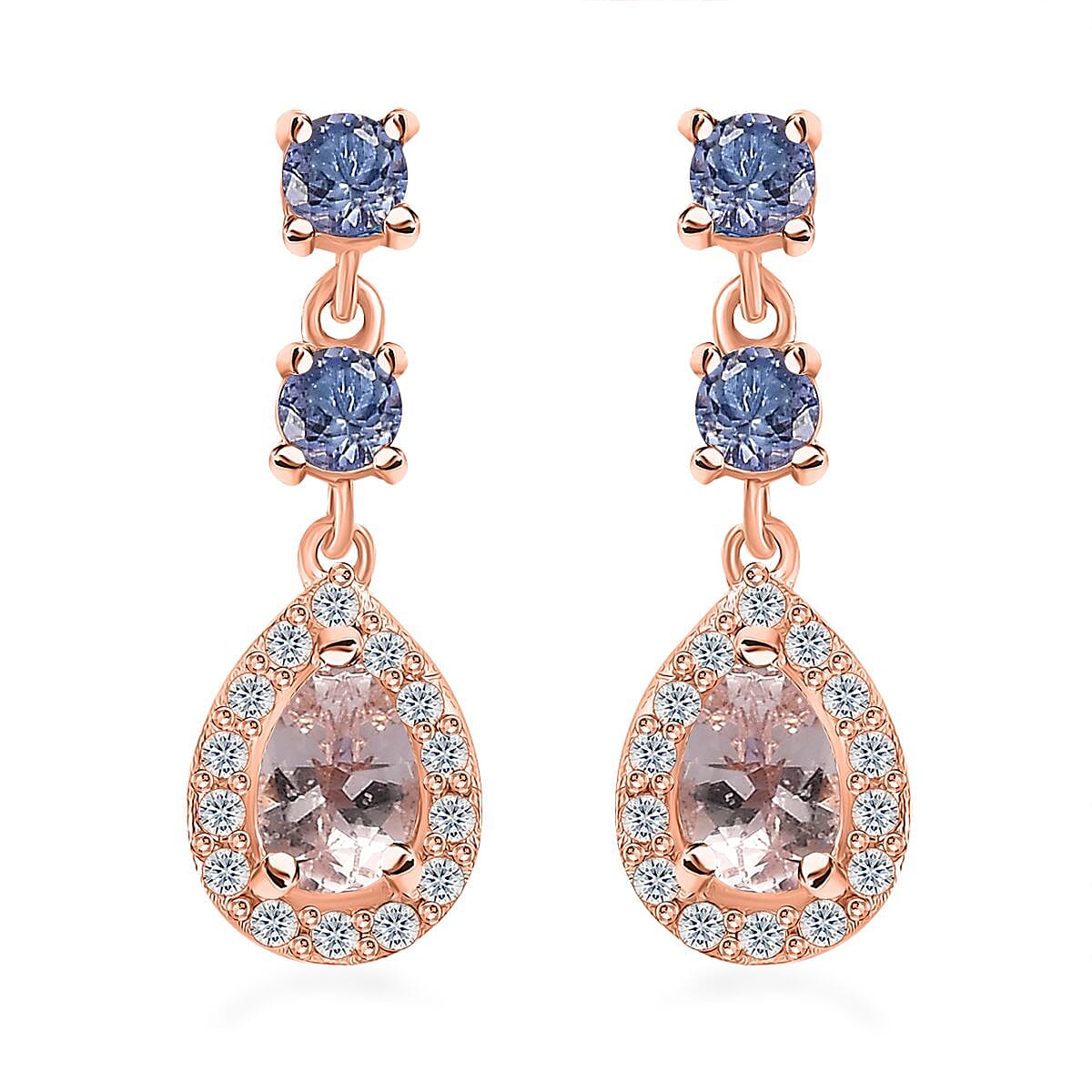 Premium Pink Morganite and Multi Gemstone Dangle Earrings in Vermeil Rose Gold Over Sterling Silver 1.50 ctw