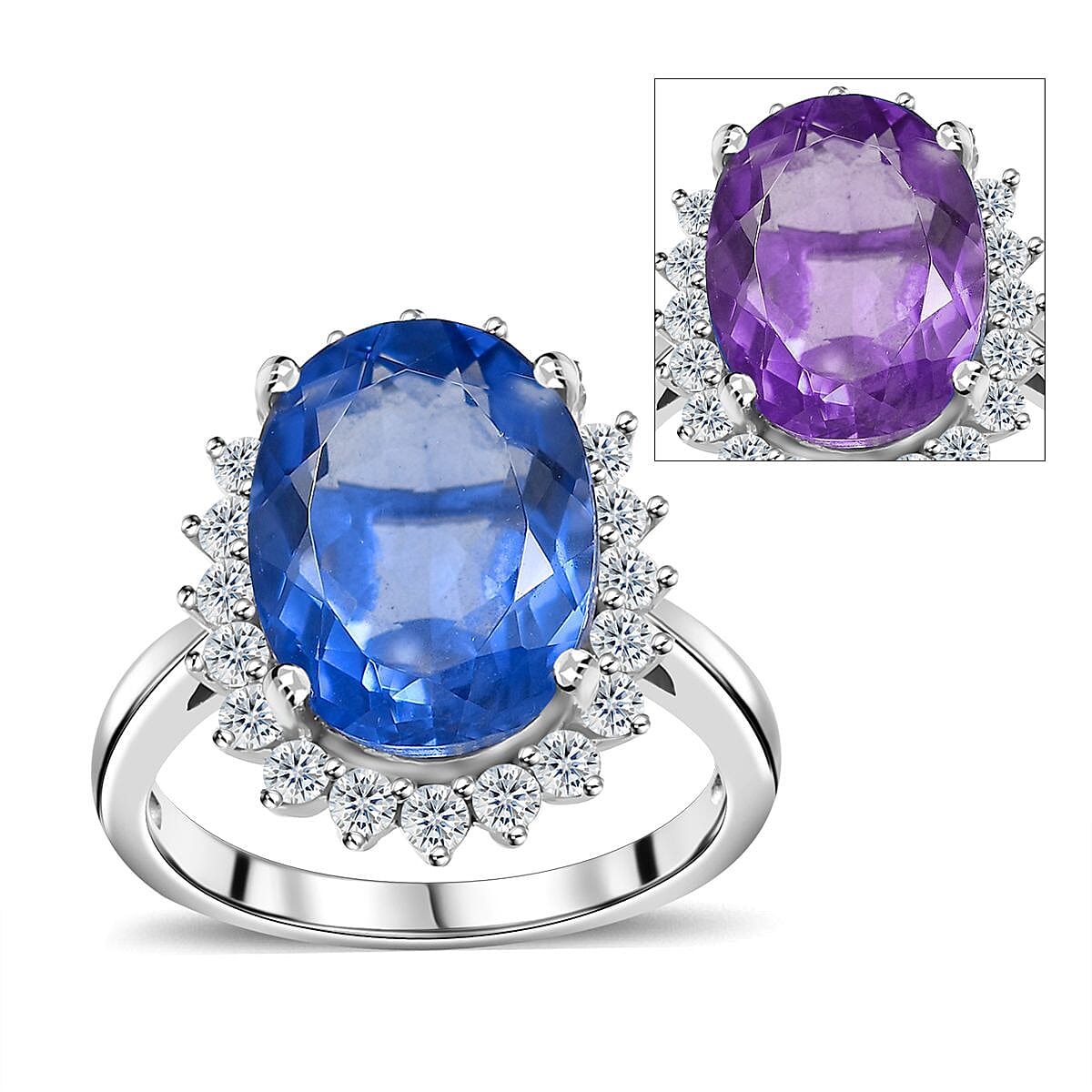 Color Change Fluorite (IR), White Zircon Ring in Rhodium Over Sterling Silver (Size 10.0) 8.40 ctw