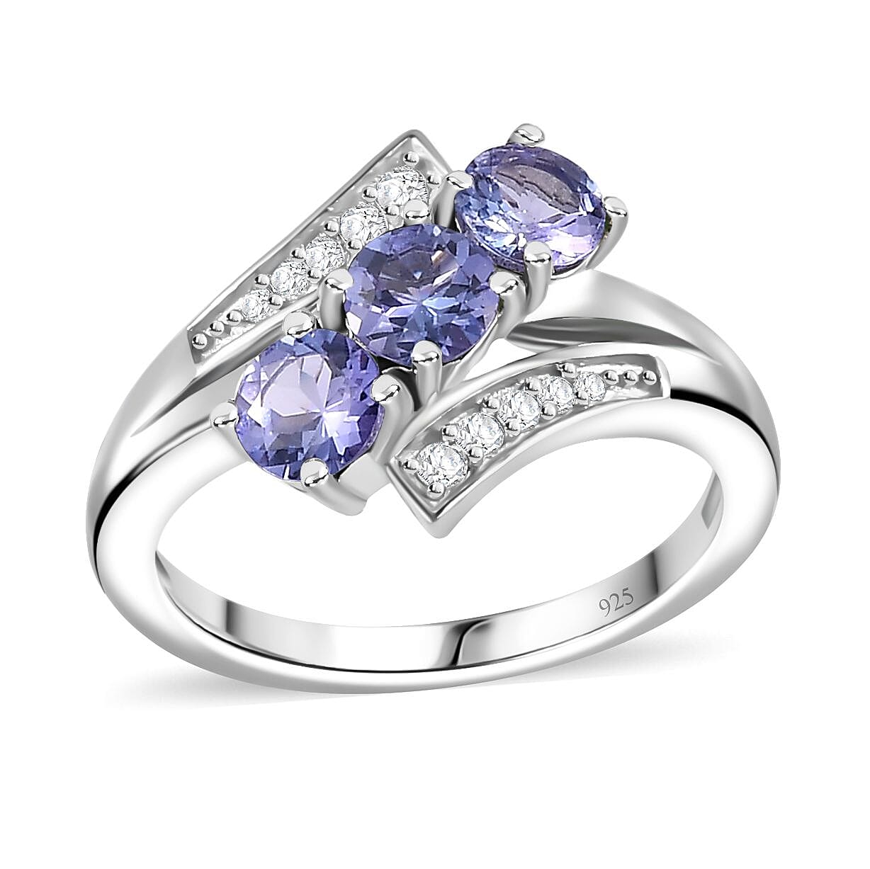 Tanzanite, White Zircon Ring in Rhodium Over Sterling Silver (Size 9.0) 1.40 ctw