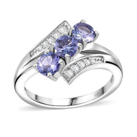 Tanzanite, White Zircon Ring in Rhodium Over Sterling Silver (Size 9.0) 1.40 ctw