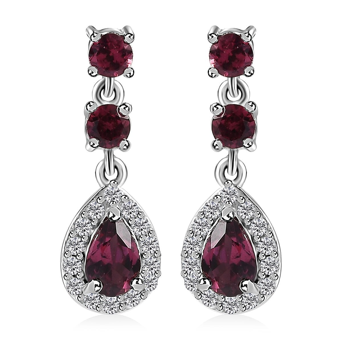 Tanzanian Wine Garnet and White Zircon Halo Dangle Earrings in Rhodium Over Sterling Silver 2.00 ctw