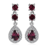 Tanzanian Wine Garnet and White Zircon Halo Dangle Earrings in Rhodium Over Sterling Silver 2.00 ctw