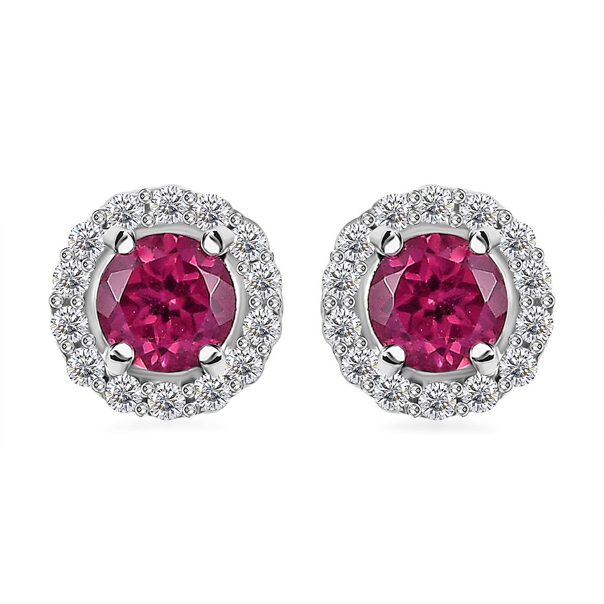 Tanzanian Wine Garnet and White Zircon Halo Stud Earrings in Rhodium Over Sterling Silver 1.00 ctw