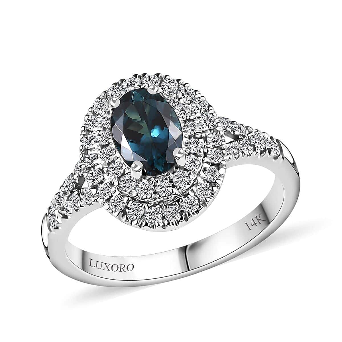 Luxoro 14K White Gold AAAA Monte Belo Indicolite, Diamond (G-H, I2) (0.45 cts) Double Halo Ring (Size 7.0) 1.30 ctw