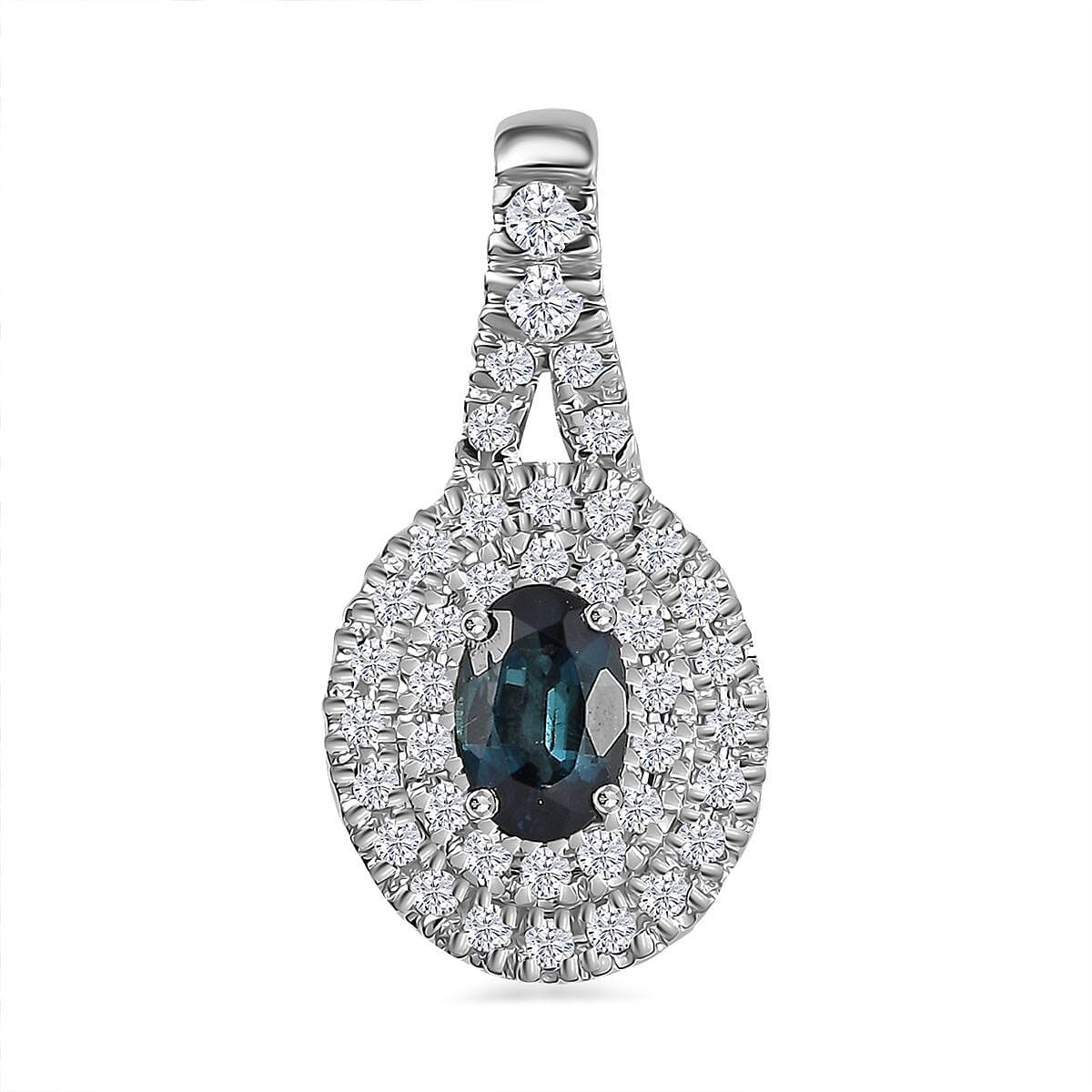 Luxoro 14K White Gold AAAA Monte Belo Indicolite and G-H I2 Diamond Double Halo Pendant without Chain 0.85 ctw
